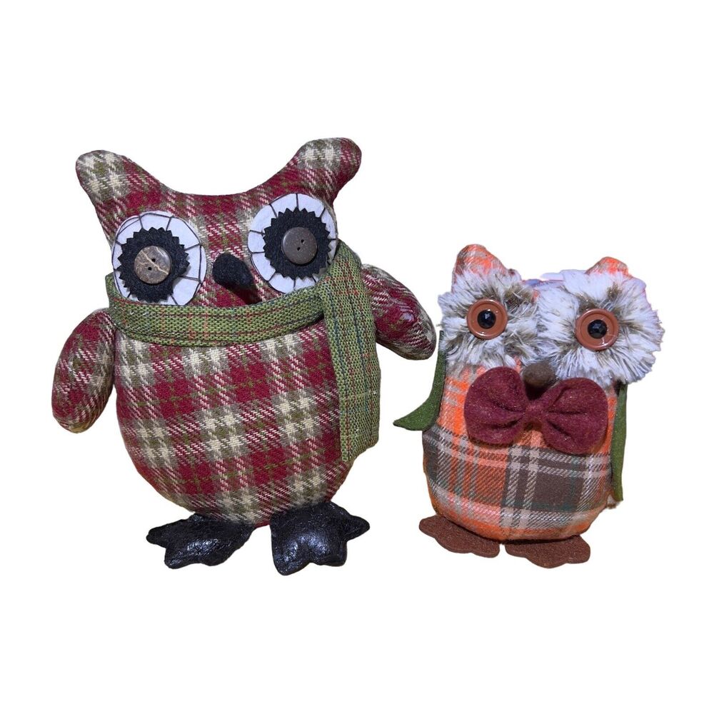 Fall Stuffed Owls Plaid‎ Decor Tabletop Weight 6” & 9” Tall Big Eyes Set Of 2